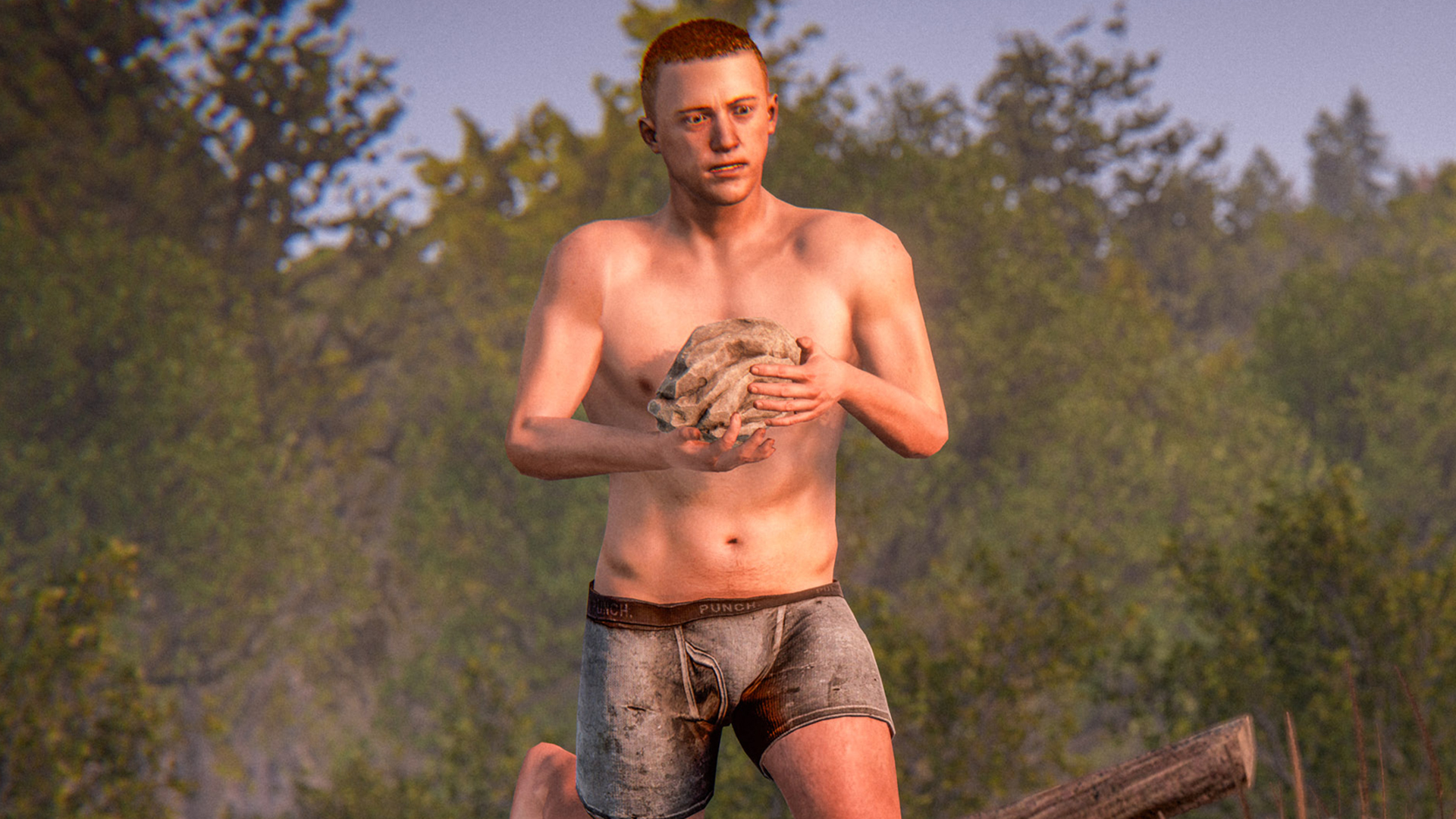 A Rust naked running on a beach holding a rock. He&#039;s only wearing boxers and seems to be fleeing someone shooting at him. 