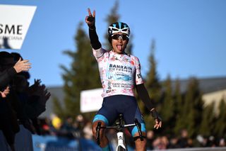 PORTELL DE MORELLA SPAIN FEBRUARY 08 Santiago Buitrago of Colombia and Team Bahrain Victorious Polka Dot Mountain Jersey celebrates at finish line as stage winner during the 76th Volta a la Comunitat Valenciana 2025 Stage 4 a 181km stage from Oropesa del Mar to Portell de Morella 1078m on February 08 2025 in Portell de Morella Spain Photo by Szymon GruchalskiGetty Images