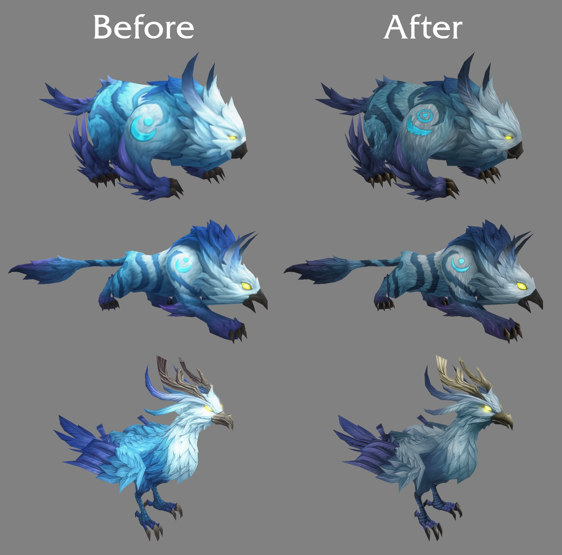 A screenshot of World of Warcraft: Forever's Skyborne elf druid form models compared to their upcoming models with retro-style visual overhauls.