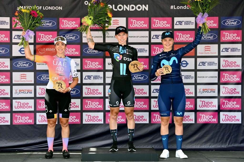 EPPING ENGLAND MAY 28 LR Marta Bastianelli of Italy and UAE Team Adq on second place stage winner Lorena Wiebes of Netherlands and Team DSM and Emma Norsgaard Jorgensen of Denmark and Movistar Team on third place pose on the podium ceremony after the 5th RideLondon Classique 2022 Stage 2 a 1417km stage from Chelmsford to Epping RideLondon UCIWWT on May 28 2022 in Epping England Photo by Justin SetterfieldGetty Images