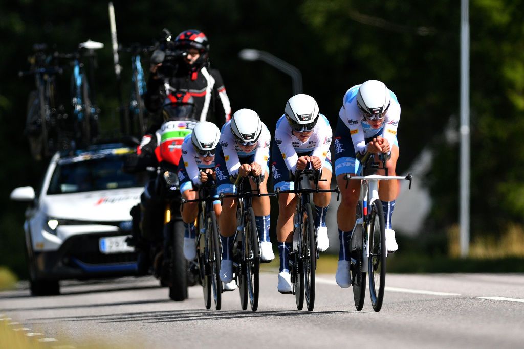 VARGARDA SWEDEN AUGUST 06 LR Amalie Dideriksen of Denmark and Ellen Van Dijk of Netherlands and Team Trek Segafredo sprint during 15th Postnord Vrgrda WestSweden TTT a 356km team time trial from Vargarda to Vargarda UCIWWT VargardaCycling on August 06 2022 in Vargarda Sweden Photo by Luc ClaessenGetty Images