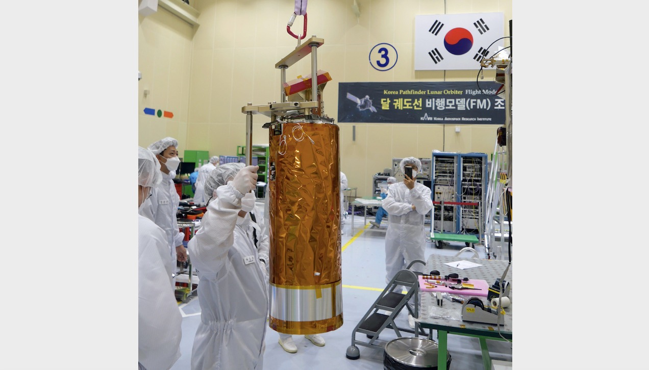 See in the shadows!  That's the role of NASA's ShadowCam instrument, which will study sun-deprived areas of the moon called permanently shadowed regions.  Here, ShadowCam is shown being lifted for mounting on Korea's Pathfinder Lunar Orbiter satellite at the Korea Institute of Aerospace Research in Daejeon.