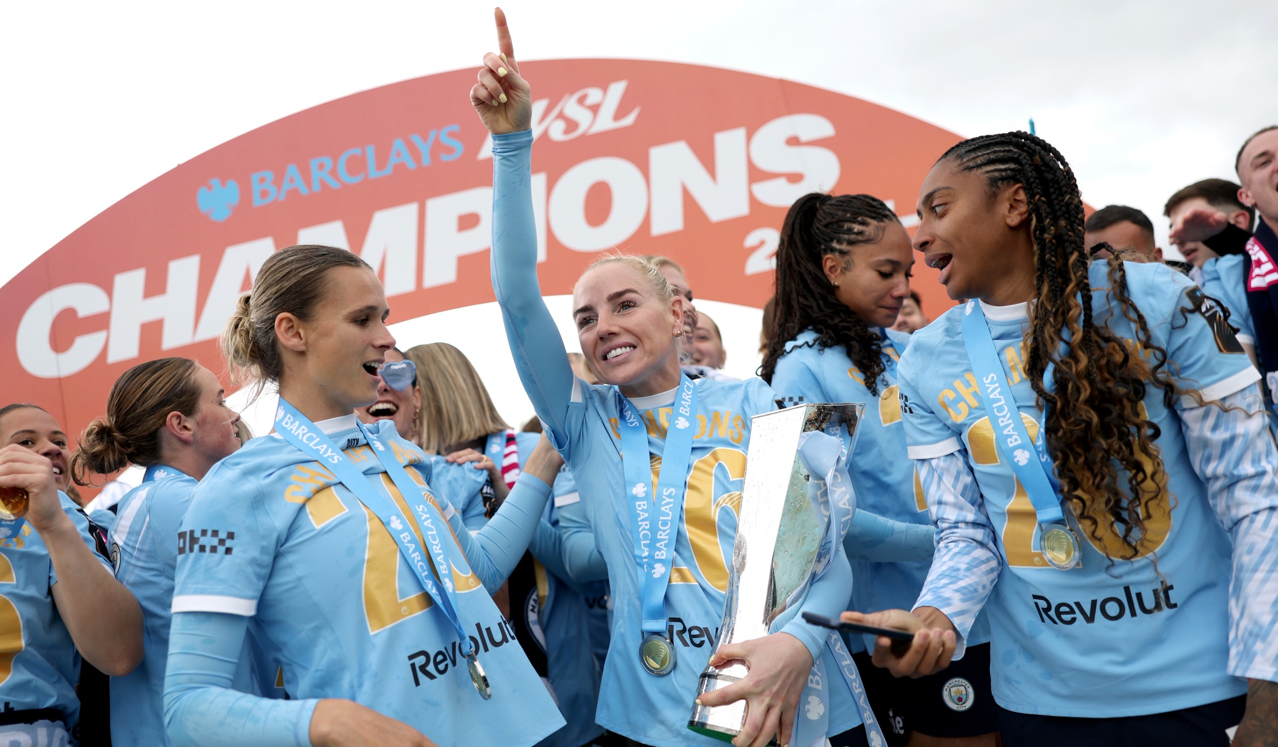 Alex Greenwood of Manchester City celebrates with the Barclays Women's Super League trophy after the match against West Ham United at Chigwell Construction Stadium on May 16, 2026 in Dagenham, England