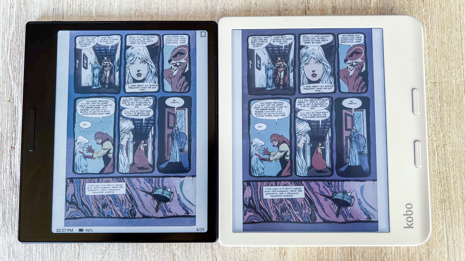 A graphic novel page displayed on the Onyx Boox Go Color 7 (left) and the Kobo Libra Colour (right)