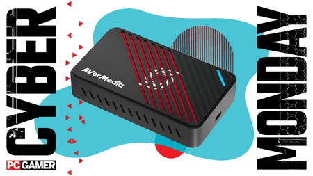 A capture card on a blue Cyber Monday background.