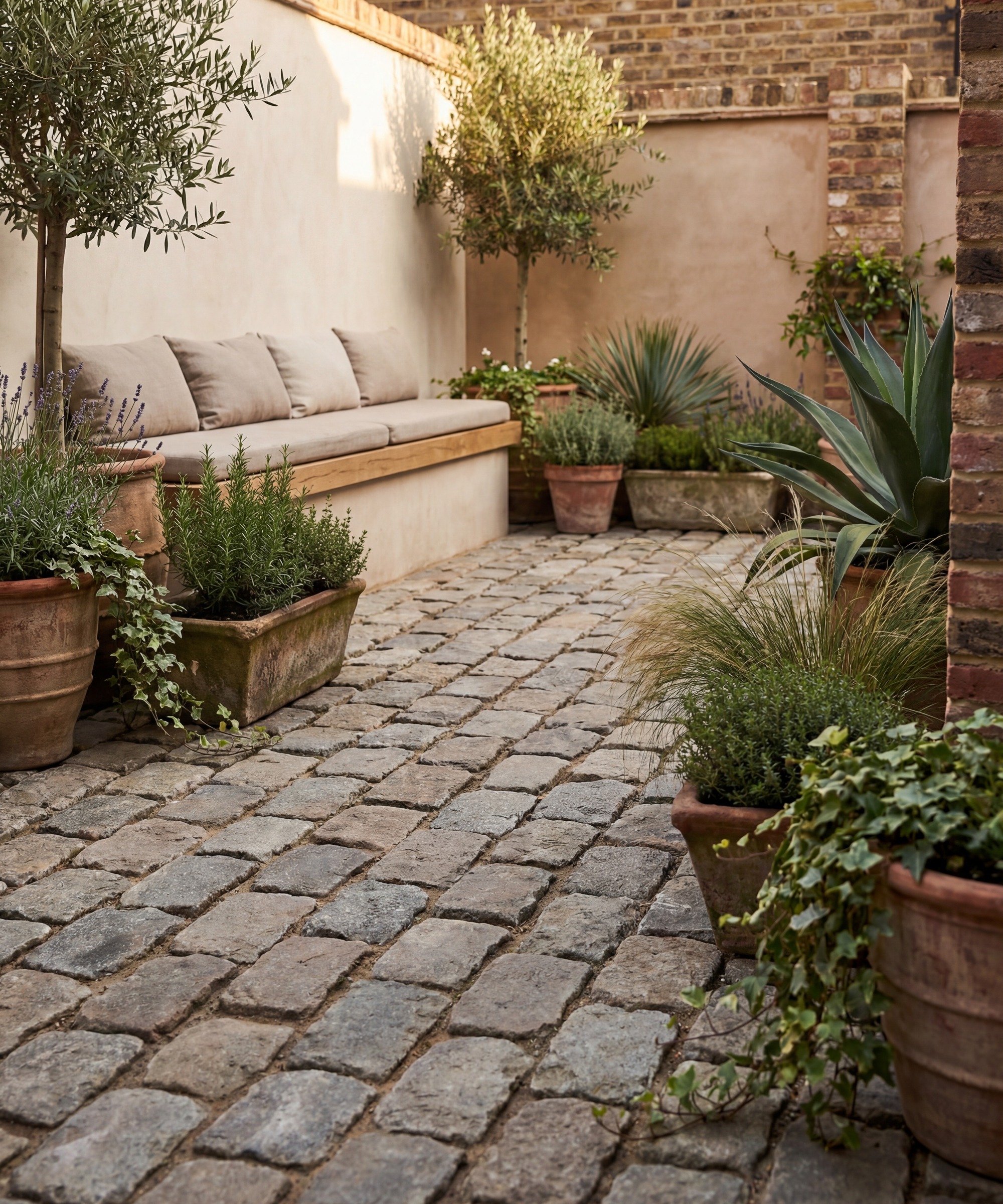Olive trees either side of a built-in bench in a small courtyard garden with cobbled tile flooring