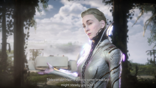 Tilda van der Meer, a woman in a futuristic outfit with short hair in Horizon Forbidden West.