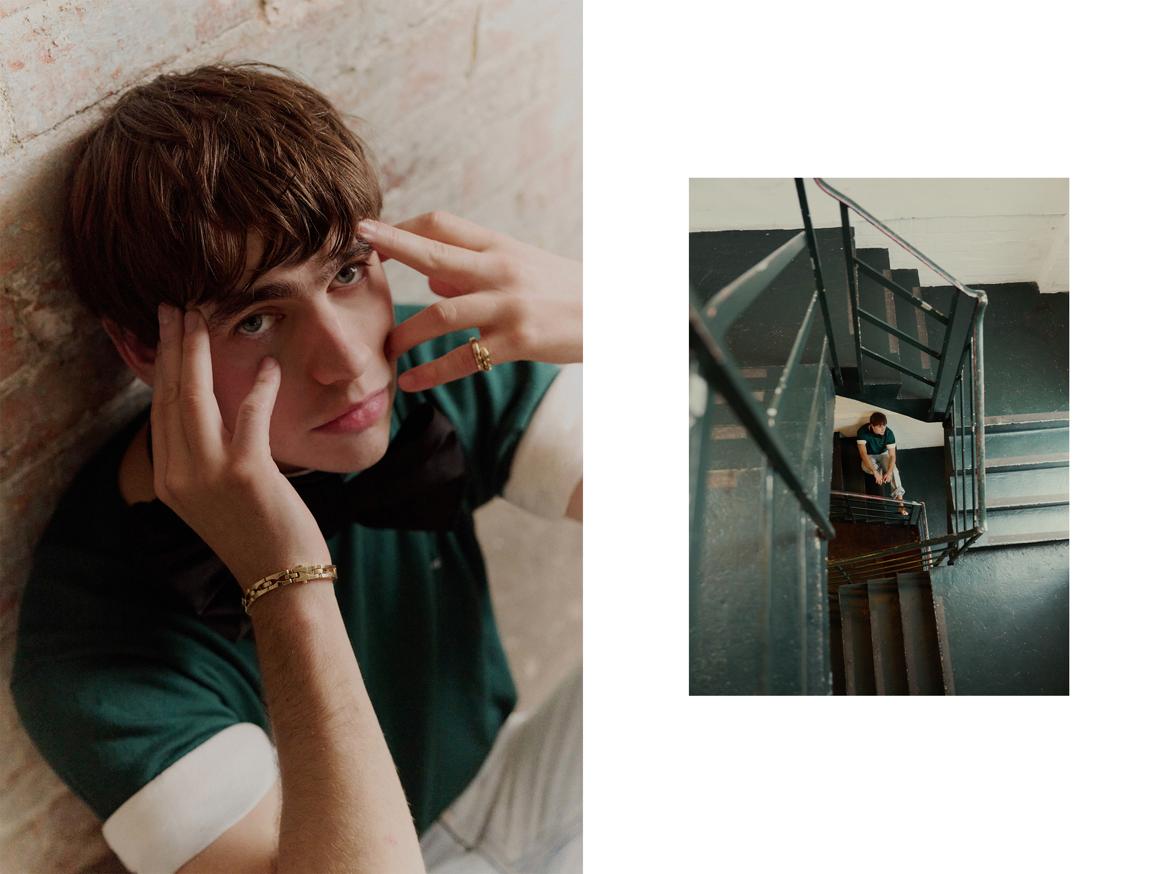 On the left, Spike Fearn is sitting against a brick wall wearing a green T-shirt with light-wash jeans. On the right, Fearn is seen from above sitting in a stairwell.