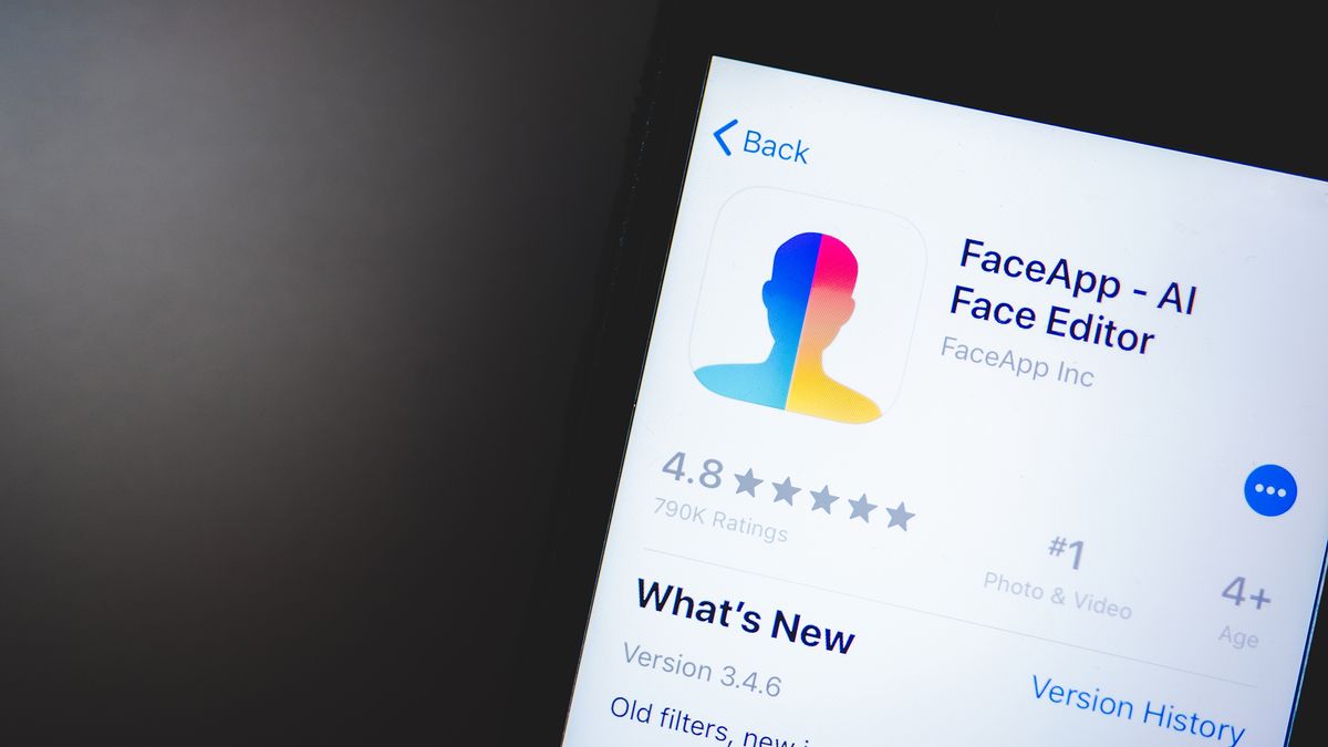 A smartphone showing the download screen for FaceApp, an AI face-swapper