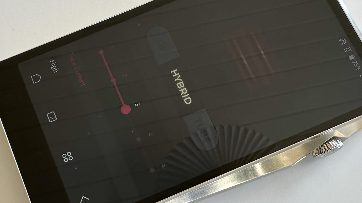The Astell &amp; Kern A&amp;ultima SP3000T portable music player in hybrid mode, with red glowing vacuum tubes