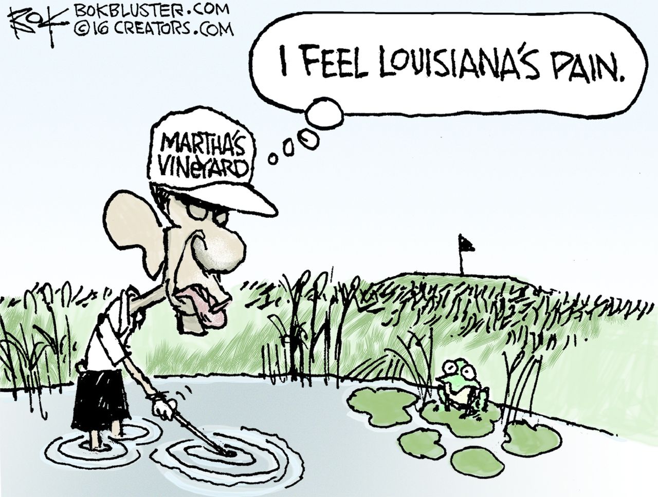 Political cartoon U.S. Barack Obama Martha&amp;#039;s Vineyard Louisiana golf course water flood