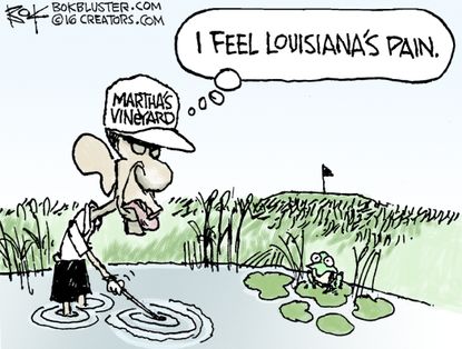 Political cartoon U.S. Barack Obama Martha's Vineyard Louisiana golf course water flood