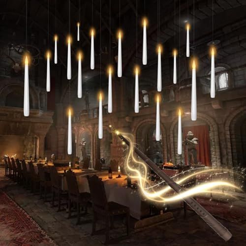 Kakoya Flameless Floating Candles With Wand，20 Pcs Magic Led Hanging Taper Candles，flickering Battery Operated Taper Candle With Wand Remote for Halloween Decorations Best Gift（white）