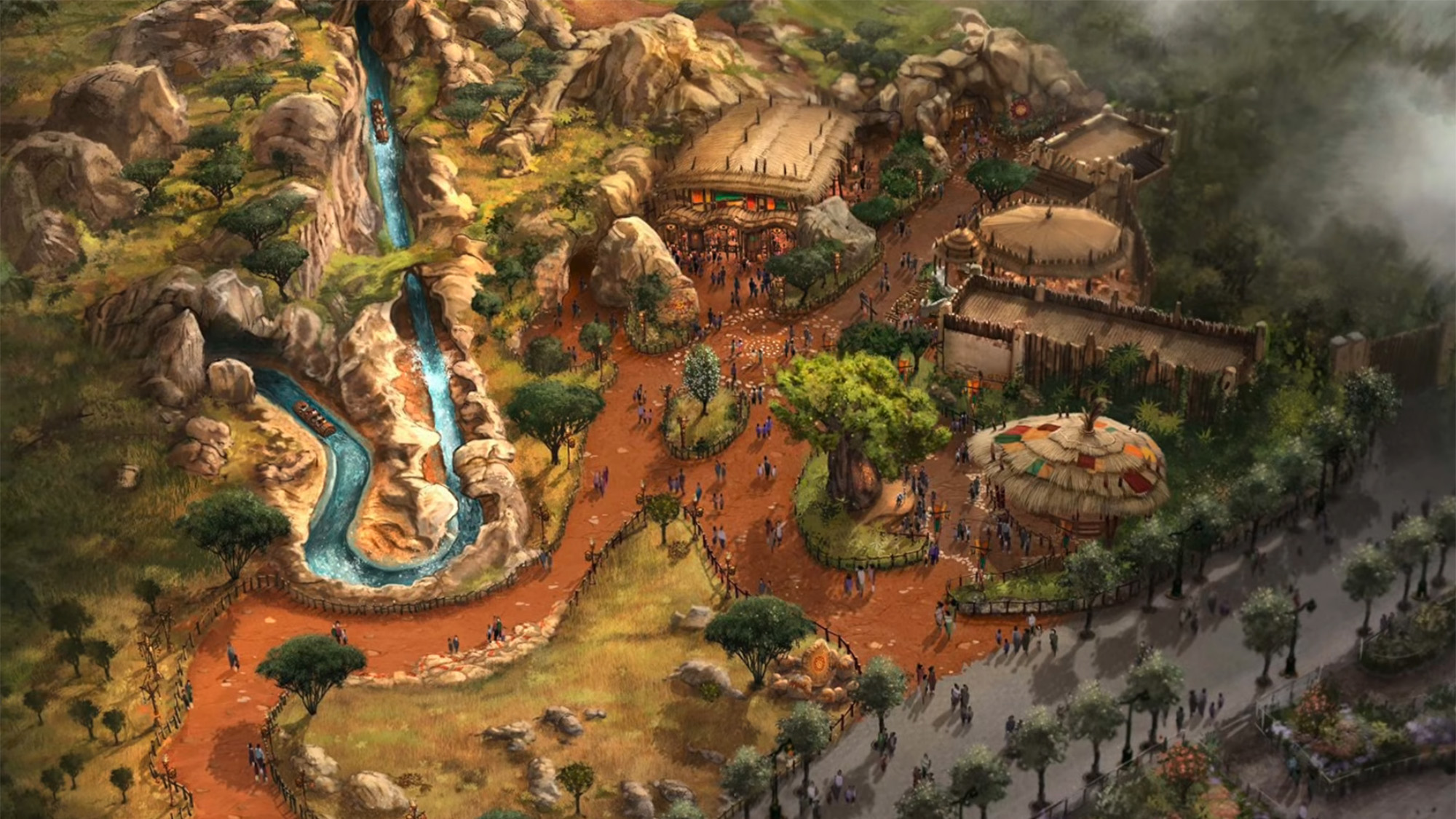 The rendering of the concept art of the water ride and land in Disneyland Paris' Lion King arena.