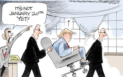 Political cartoon U.S. Barack Obama Donald Trump presidential transition