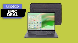 Acer Chromebook Spin 714 with Acer laptop sleeve against a green backgtound