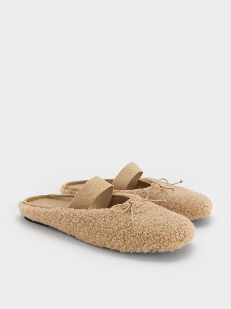 Charles & Keith, Nancy Faux Shearling Bow Ballet Mules