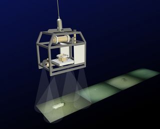 This graphic shows the Ocean Floor Observation System (OFOS) at work. It is towed at a water depth of about 8200 feet (2,500 meters), 5 feet (1.5 meters) above the sea bed, and takes a photograph every 30 seconds.