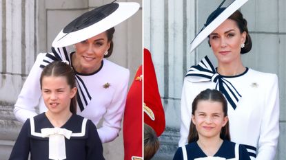 Composite of a picture of Princess Charlotte with Kate Middleton leaning to talk to her at Trooping the Colour 2024 and a picture of the two of them standing still on the balcony at Trooping the Colour