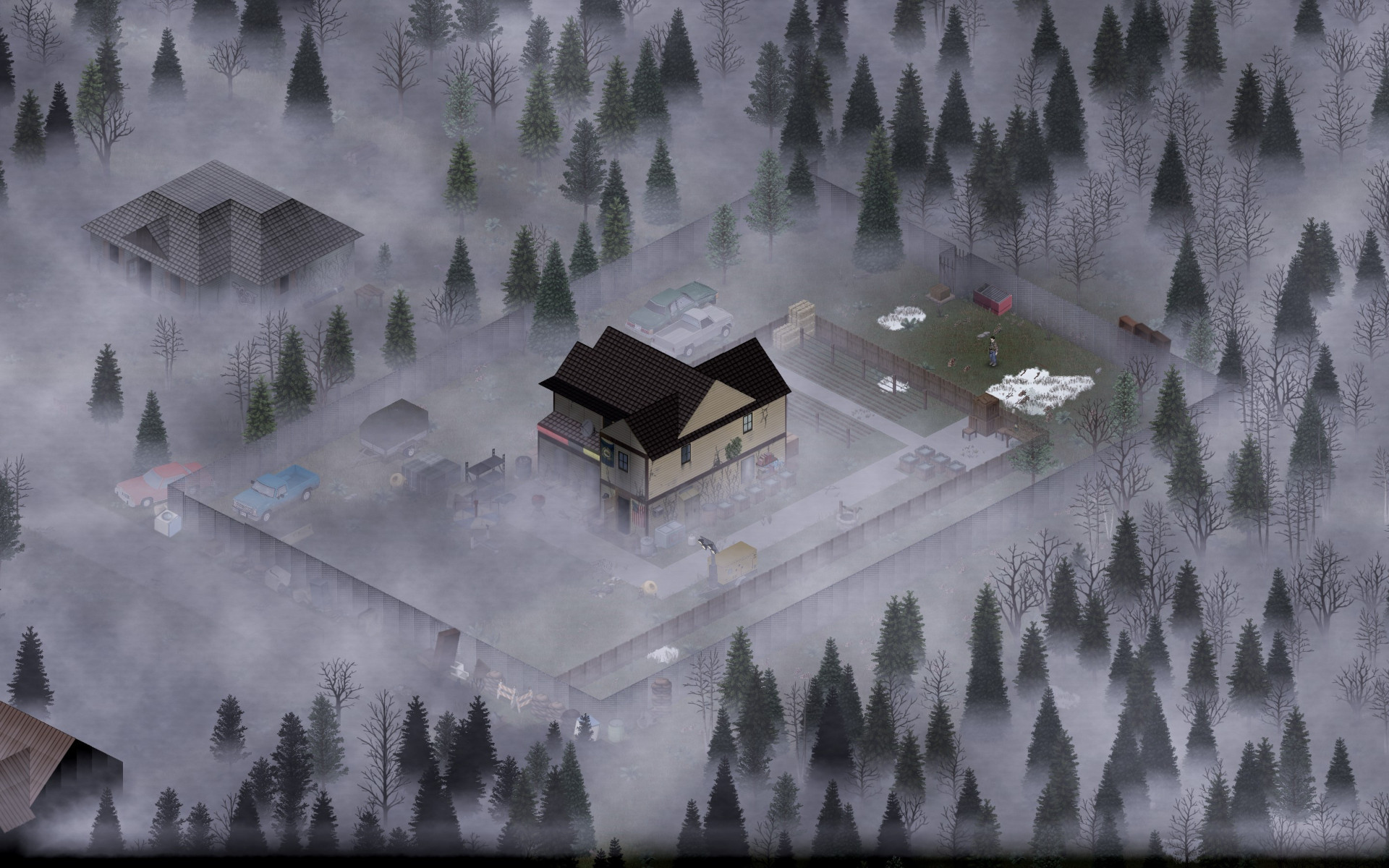 A shot of a house standing in the fog during Project Zomboid.