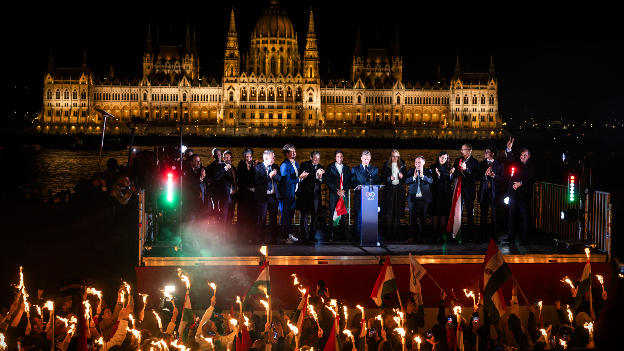 Hungarian prime minister&ndash;elect Peter Magyar celebrates victory in Budapest
