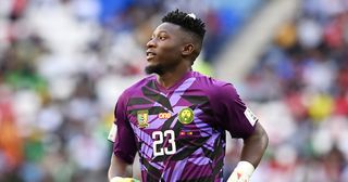 Andre Onana of Cameroon looks on during the FIFA World Cup Qatar 2022 Group G match between Switzerland and Cameroon at Al Janoub Stadium on November 24, 2022 in Al Wakrah, Qatar. 