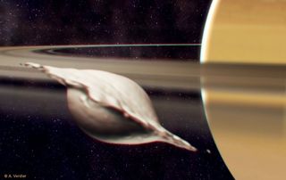 Saturn's moon Atlas got its flat, ravioli-like shape from the merging collision of two similar-size bodies, according to new research. Here, Atlas is shown mid-collision.