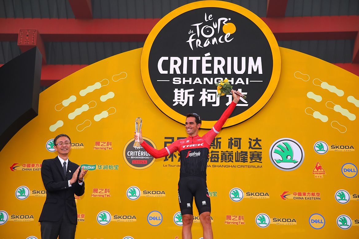 Alberto Contador up on stage after the race
