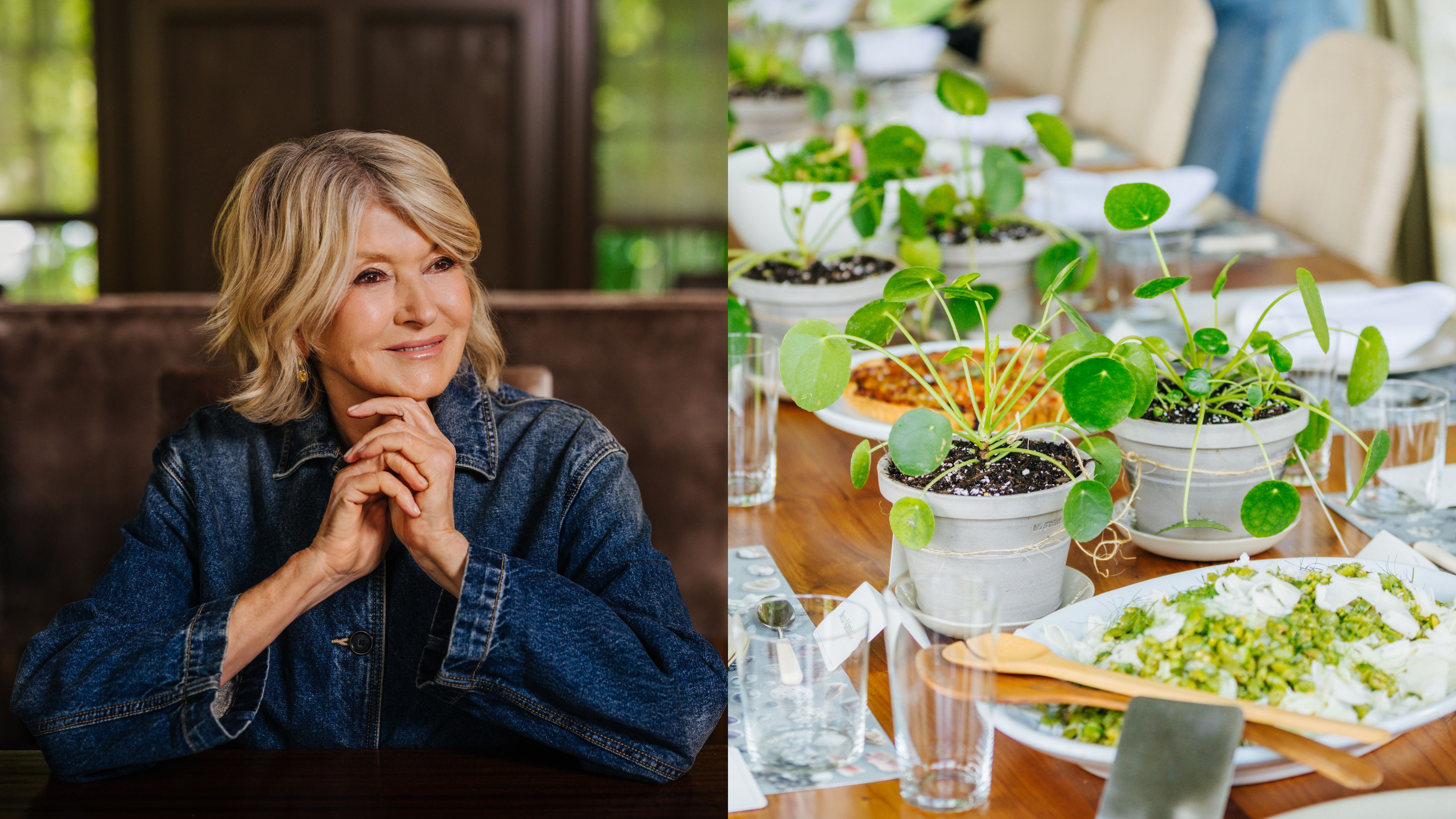 Martha Stewart alongside an outdoor summer tablescape featuring neutral tableware and a series of money trees
