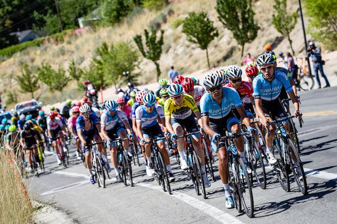 The main field hits the base of the day's final climb on stage 3 of the 2019 Tour of Utah