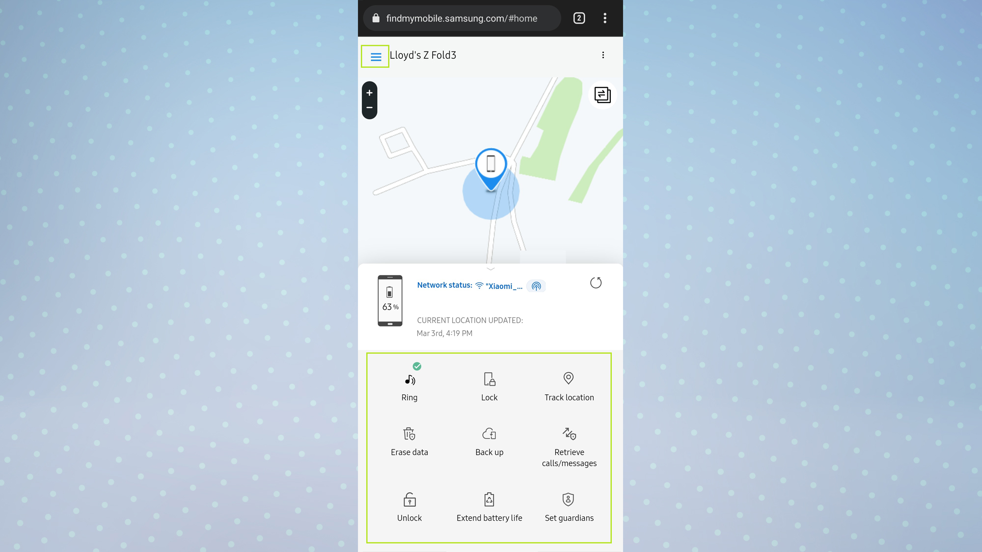 Samsung Find My Mobile page with device highlighted