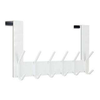 A white over-the-door organizer with hooks
