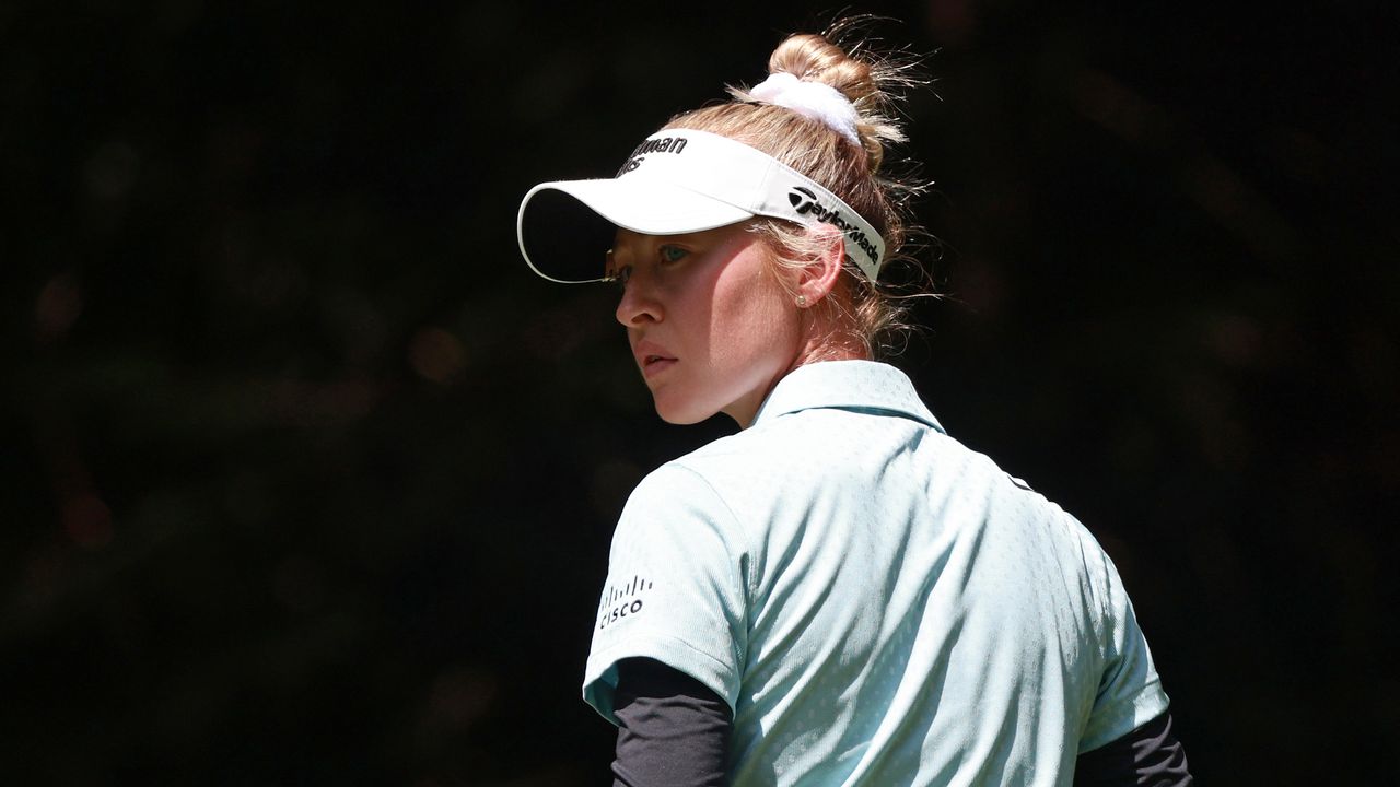 Nelly Korda of the United States reacts to her fairway shot on the first hole during Day Two of the KPMG Women&#039;s PGA Championship at Sahalee Country Club in Sammamish, Washington, USA, on Friday, June 21, 2024.