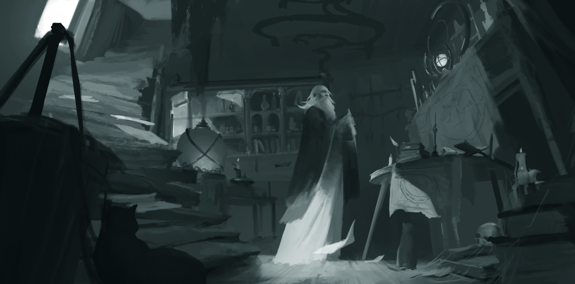 Striking fantasy scene; a wizard