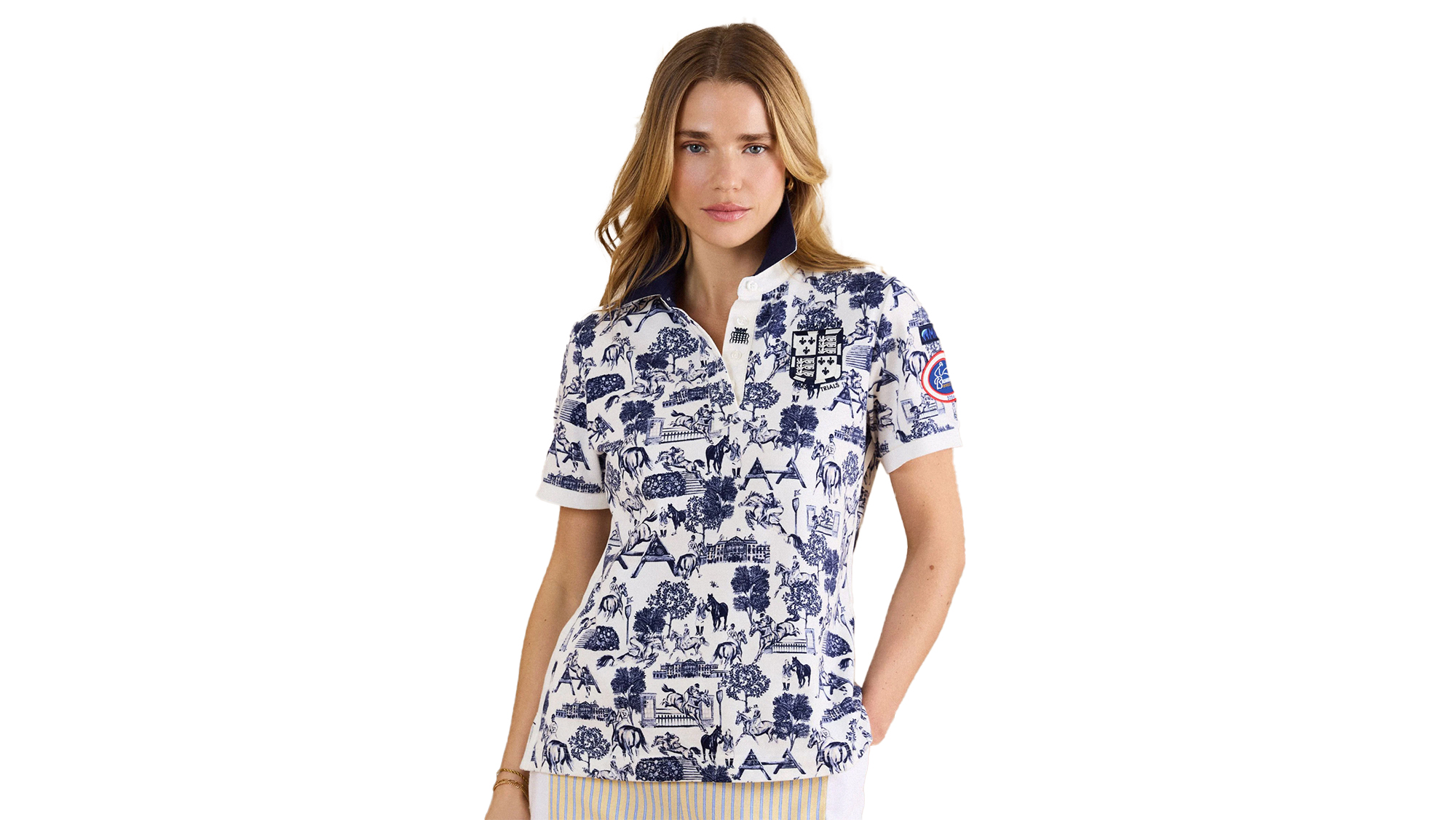 Joules Cream &amp;amp; Blue Official Badminton Horse Trials Equestrian Print Pique Polo Shirt