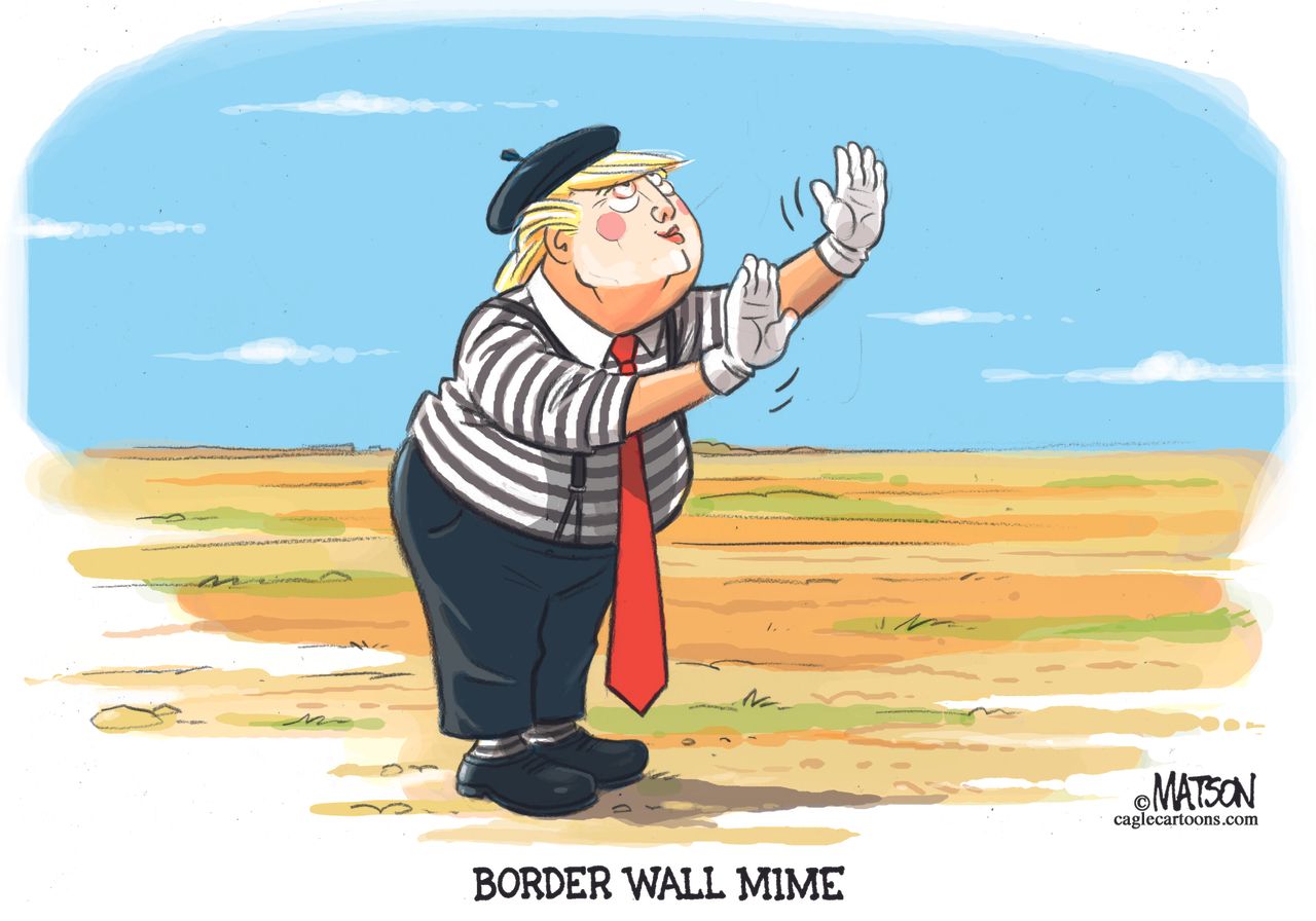 Political cartoon U.S. Trump mexico border wall mime