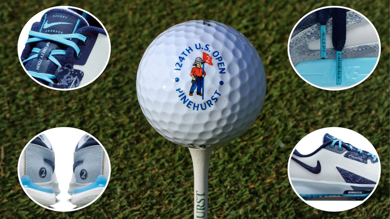 A golf ball with Pinehurst No.2 on it is the centre, with various pictures of Nike shoes around it