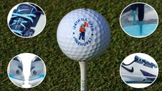 A golf ball with Pinehurst No.2 on it is the centre, with various pictures of Nike shoes around it