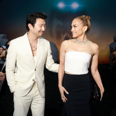 Simu Liu and Jennifer Lopez attend the premiere of Netflix's "ATLAS" at The Egyptian Theatre Hollywood on May 20, 2024 in Los Angeles, California