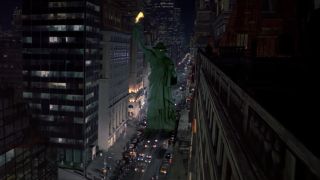 The Statue of Liberty walking through New York City in Ghostbusters II