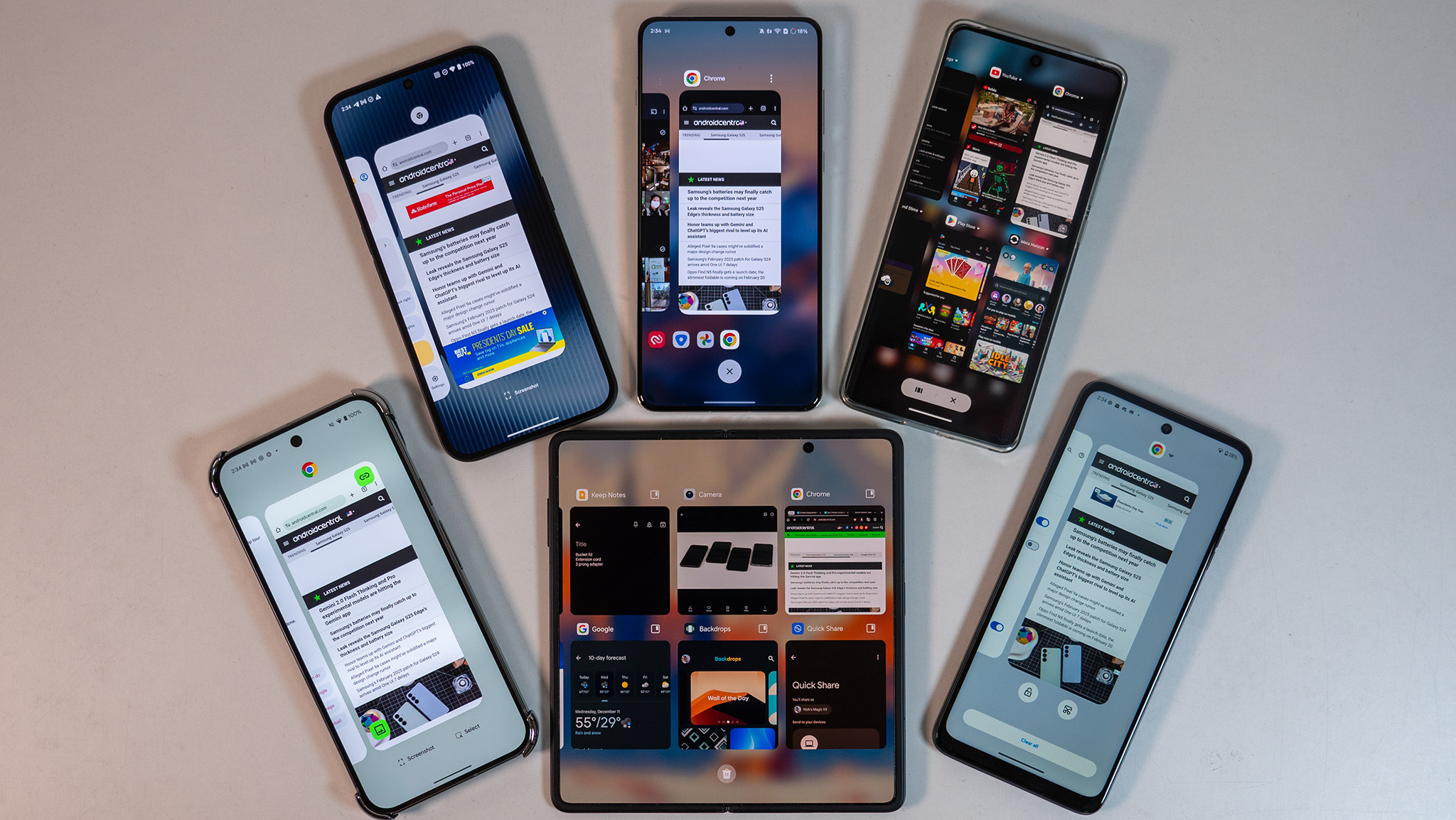 Showing the different multitasking UIs on six different Android phones