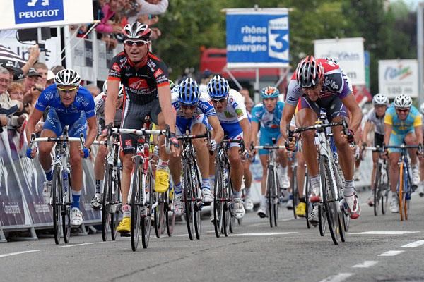 Time to celebrate for Jose Joaquin Rojas as he overcomes Greg Van Avermaet in the sprint.