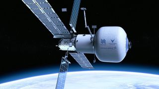 circular space station with solar panels above earth