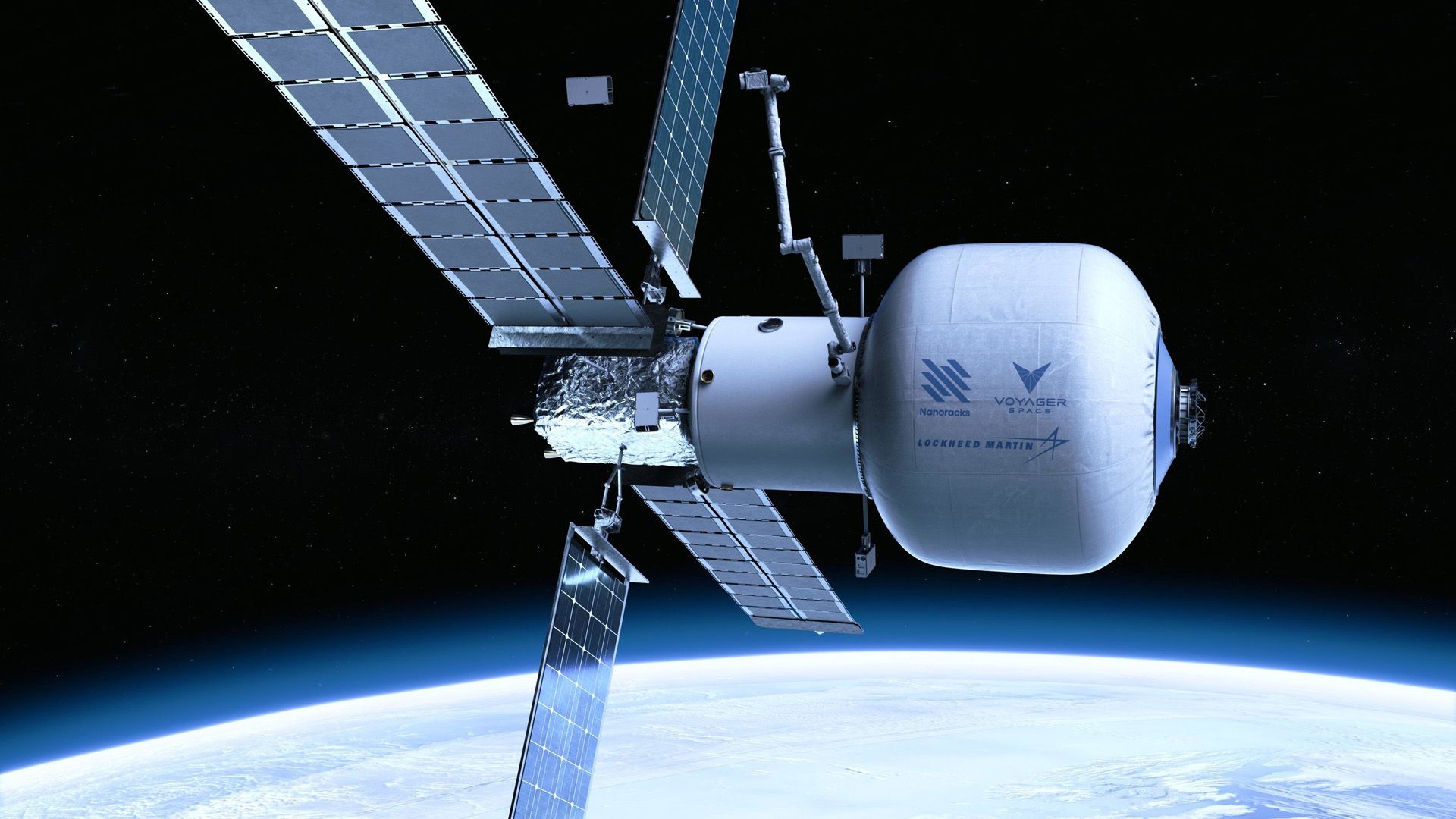 An artist's illustration of the Starlab private space station floating above Earth. Several solar panels extend outward in an 'X' shape on the left side of the image, while a large, rounded white capsule extends to the right.