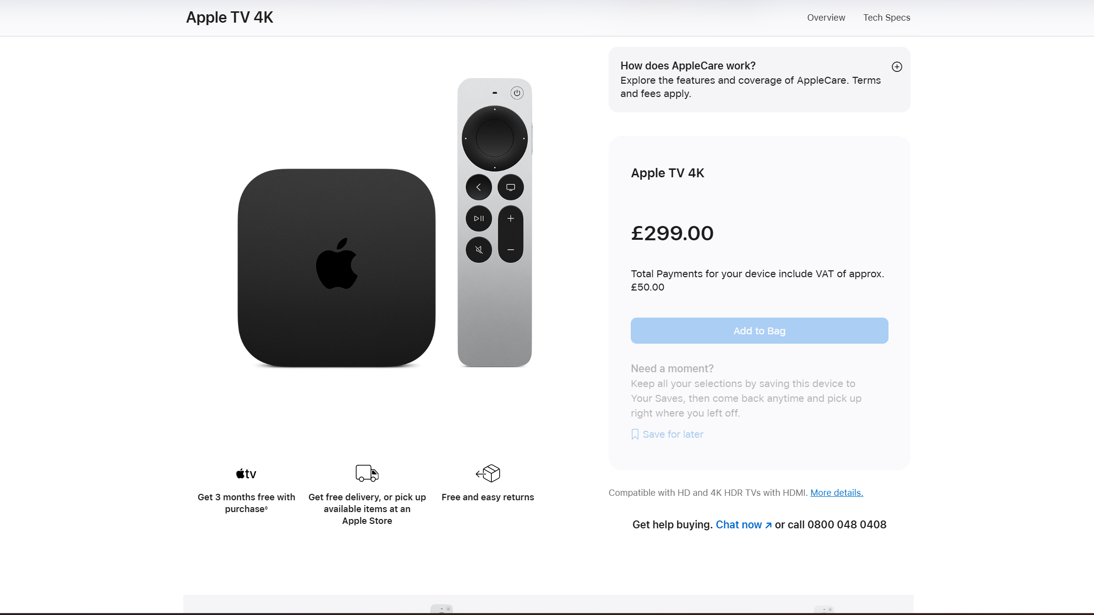 A shopping page on Apple's website showing the Apple TV 4K with a price reading &amp;pound;299 to the right