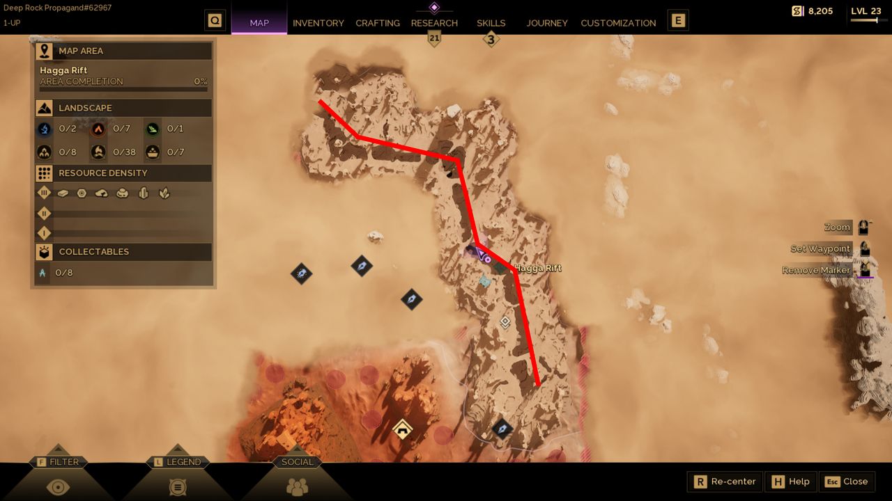 Dune: Awakening erythrite crystals - A map with a red line showing the ravine where you can find erythrite crystals in Hagga Basin.