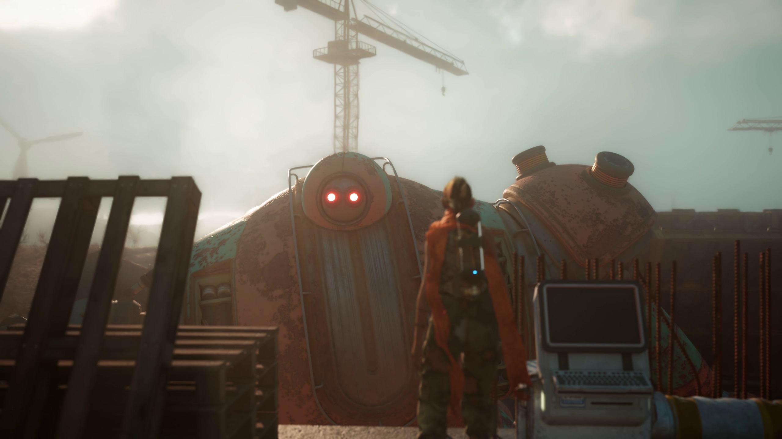 Evil giant robot with red eyes threating person