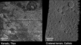 Surface features observed by NASA's Cassini spacecraft at the Xanadu region on Saturn's moon Titan (left), and features observed by NASA's Galileo probe on Jupiter's moon Callisto (right). Scientists think the Titan features are eroded impact craters rath