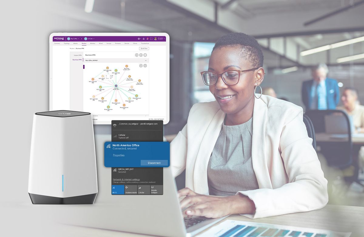 Woman on a computer with NETGEAR&amp;#039;s new VPN overlaying the image