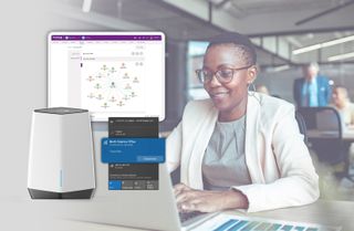 Woman on a computer with NETGEAR&amp;#039;s new VPN overlaying the image